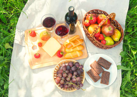 Outdoor picnic setting with red wine, cheese, fruits and cakes. Top view.の写真素材
