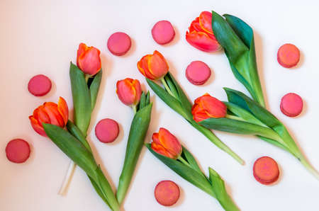 Orange tulips and pink macaroon cookies on beige backgroundの写真素材