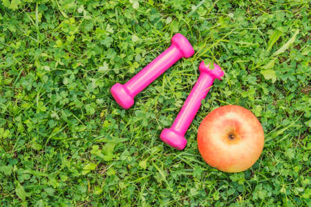 Two pink dumbbells and apple on green grass. Top view, copy space.の写真素材