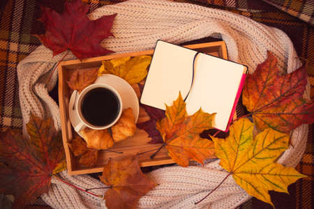 Coffee, crossants, opened notebook, gray scarf and autumn maple leaves on warm brown plaid. Autumn flat lay.の写真素材