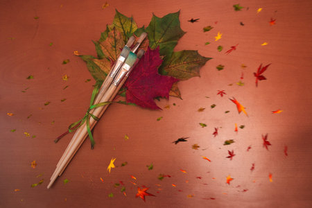 Paint brushes and autumnal leaves on wooden backgroundの写真素材