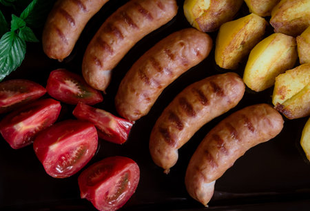 Grilled pork  sausages, roasted potatoes and fresh tomatoes. Top view. Close up. Selective focus.