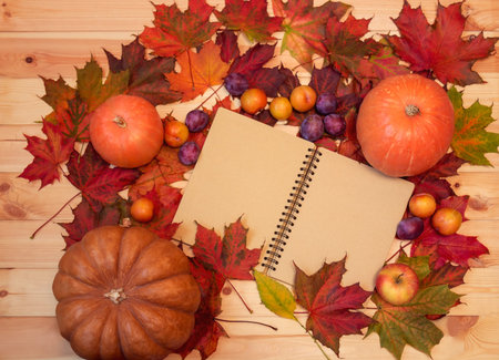 Thanksgiving concept: pumpkins, fruits, opened notepad and autumn leaves on wooden background....