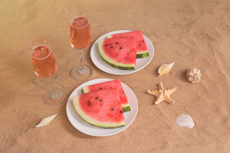 Glasses of rose champagne, plates with slices of watermelon, starfishes and seashells on sand beach....