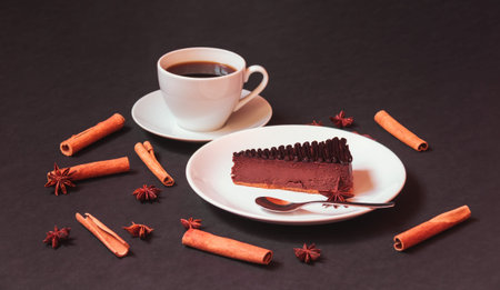 Chocolate cheesecake with chocolate sauce, spices and cup of coffee on dark background. Selective...