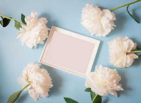 White frame and white peony flowers on blue background. Top vew, place for text.の写真素材