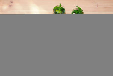 Glasses of mojito cocktail with lime and mint on wooden table. Starfishes and seashells near. Top view, copy space.の写真素材