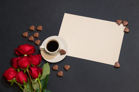 Cup of coffee, empty card for your text, heart shape chocolate candies and red roses on dark...