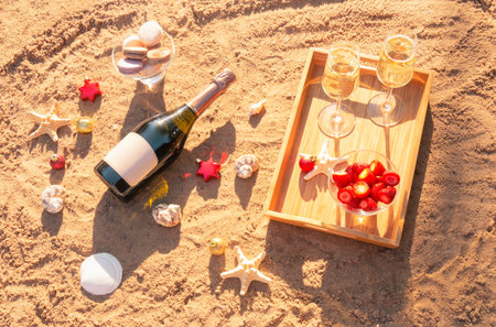 Two glasses of champagne, bottle of champagne, fresh strawberry, macaroon cookies, christmas decorations, starfishes and seashells on sand beach. top view.の写真素材