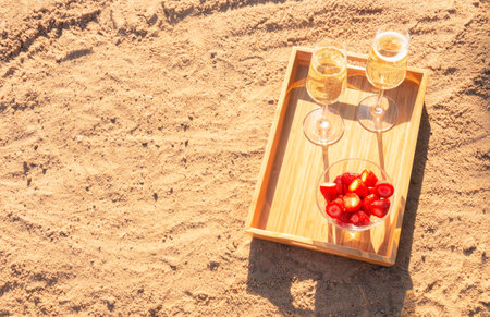 Two glasses of champagne and glass bowl of fresh strawberry on sand beach. Top view, copy space.の写真素材