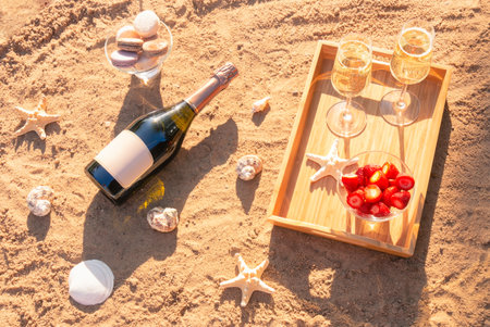 Two glasses of champagne, bottle of champagne, fresh strawberry, macaroon cookies, starfishes and seashells on sand beach. top view.の写真素材