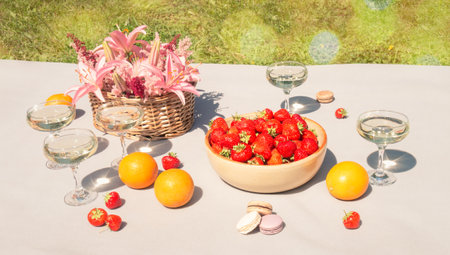 Outdoor picnic setting with champagne glasses, bowl of ripe strawberry, wicker basket of flowers, macaroon cookies and oranges.の写真素材