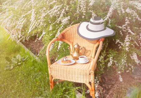 Coffee pot, coffee cup, pancakes with ice cream and chocolate syrup and hat on wicker chair in garden on spiraea x cinerea "Grefsheim" flowers background.の写真素材