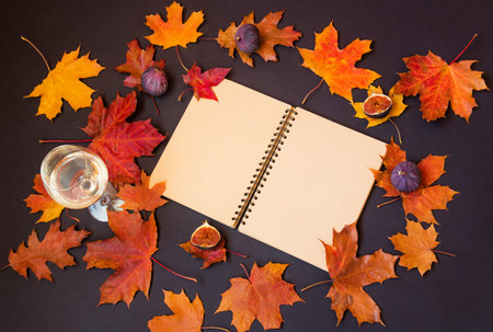 Empty notepad, glass of white wine, ripe figs and colorful autumn leaves on dark background. Top view, copy space.の写真素材