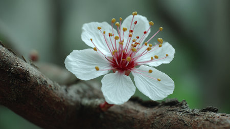 Intimate close-up of a delicate cherry blossom flower on a brown tree branch, revealing its intricate petals and vibrant pink and yellow details.の素材