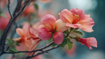 Close-up captures delicate salmon colored blooms against a soft, blurred blue backdrop, highlighting nature's exquisite beauty and vibrant spring colors.の素材