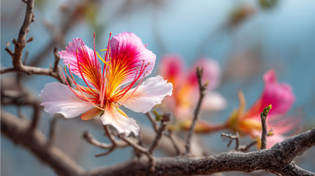 A macro shot showcases the beauty of a pink Pride of Barbados flower with red and yellow accents against a soft background.の素材