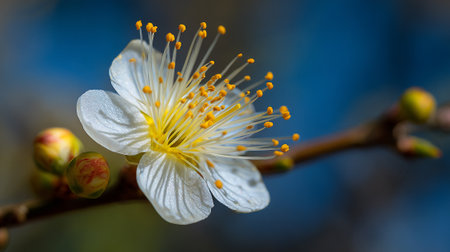 A close-up captures a single white plum blossom with striking yellow stamen, alongside emerging buds on a slender branch against a blurred blue.の素材