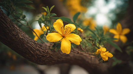 This image features a vibrant yellow flower in full bloom, growing on a sturdy tree branch surrounded by foliage, capturing nature's beauty.の素材