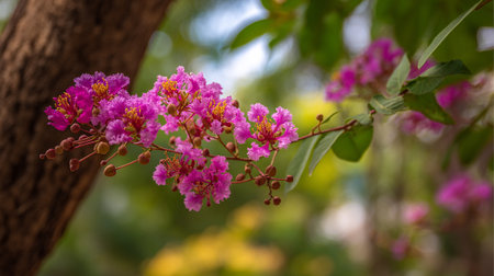 This vibrant close-up showcases the delicate pink blossoms of a Crepe Myrtle tree, highlighting its golden stamens and luscious green foliage.の素材