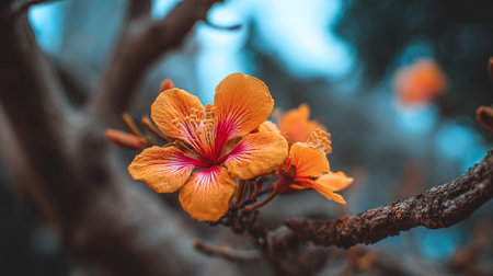 Close-up of vibrant orange and red Bauhinia flower blooming on a textured branch against a soft teal background, showcasing natural beauty.の素材