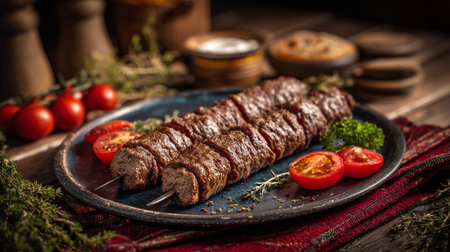 Delicious grilled meat kebabs served with tomatoes and herbs on rustic plateの素材