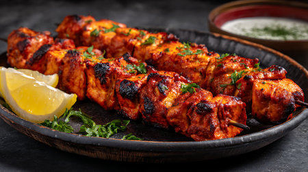 Grilled chicken skewers with lemon wedges and dipping sauce on dark plateの素材