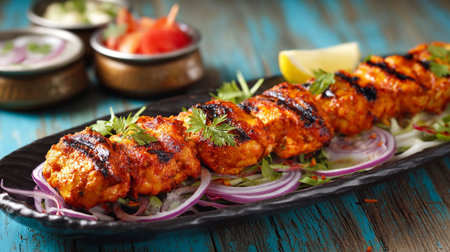 Delicious Indian Chicken Tikka Served on Black Plate with Lemon Sliceの素材