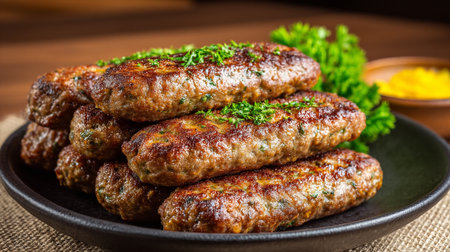 Savory grilled cevapcici stacked high on a black plate with parsley garnishの素材