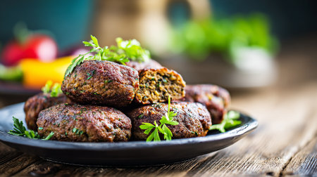 Delicious Fried Meatballs Garnished with Parsley on a Rustic Wooden Tableの素材