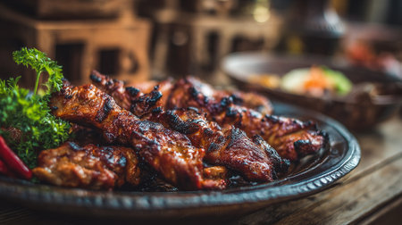 Delicious Grilled Ribs on Rustic Plate with Garnish and Table Settingの素材
