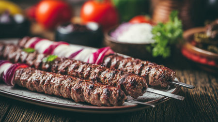 Delicious Grilled Meat Skewers with Red Onion Garnishing Displayed on Ceramic Plateの素材