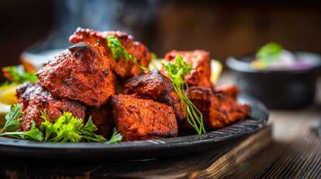 Mouthwatering Indian Cuisine: Spicy Chicken Tikka with Fresh Herbs and Lemon Wedgesの素材