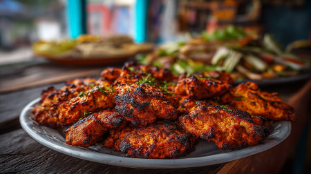 Tempting tandoori chicken pieces on a plate alongside other Indian dishes.の素材