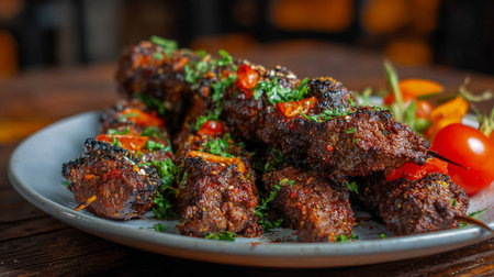 Delicious Adana Kebabs Plated with Fresh Herbs and Tomato Garnish Delightful Feastの素材
