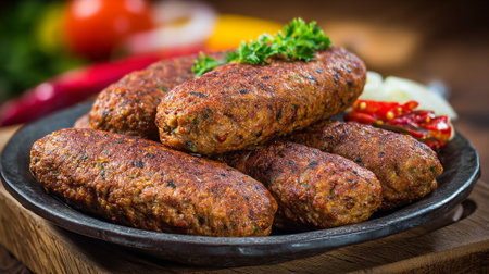 Delicious Grilled Kofta Kebabs Served on a Rustic Plateの素材