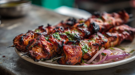 Delicious skewers of grilled chicken with green sauce and onions served on a plateの素材