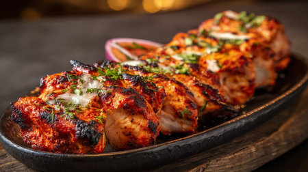 Delicious grilled chicken tikka on a black plate with onion garnishの素材