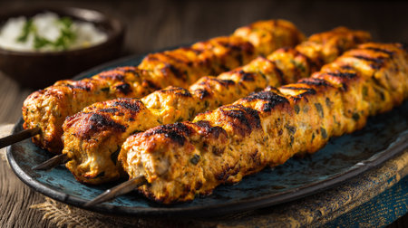 Grilled Chicken Kabobs on a Rustic Blue Plate, an Appetizing Culinary Presentationの素材