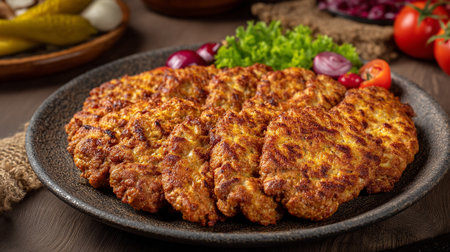 Golden brown turkey cutlets presented on a rustic plate, a delicious main dishの素材