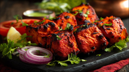 Delicious and flavorful Indian chicken tikka pieces served with fresh vegetables.の素材