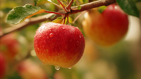 Refreshing Delight: A Vibrant Red Apple Adorned with Sparkling Water Dropletsの素材