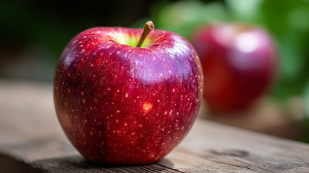 Fresh and vibrant red apples resting on rustic wooden surface outdoors.の素材