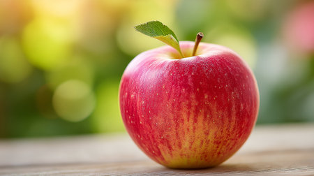 Fresh Red Apple with Green Leaf on Wooden Surface, Bokeh Backgroundの素材