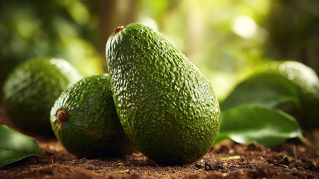Organic avocado trio on soil with blurred green foliage backgroundの素材