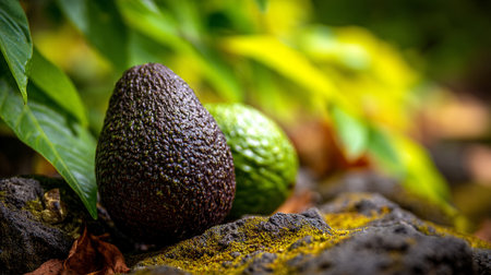 Ripe avocados resting outdoors on a mossy rock surface with green leaves.の素材