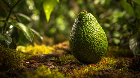 Single avocado fruit in outdoor garden, placed on earth and moss.の素材
