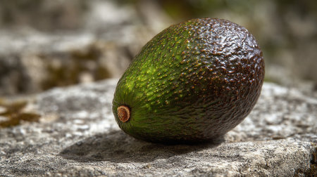 Ripe avocado resting on textured stone, showcasing its dark green and brown peelの素材