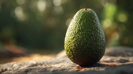 Single green avocado sitting serenely on a stone surface outdoors.の素材