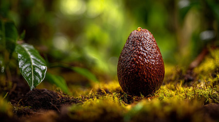 Ripe Avocado Standing Proudly Amidst Lush Forest Floor and Vibrant Greeneryの素材